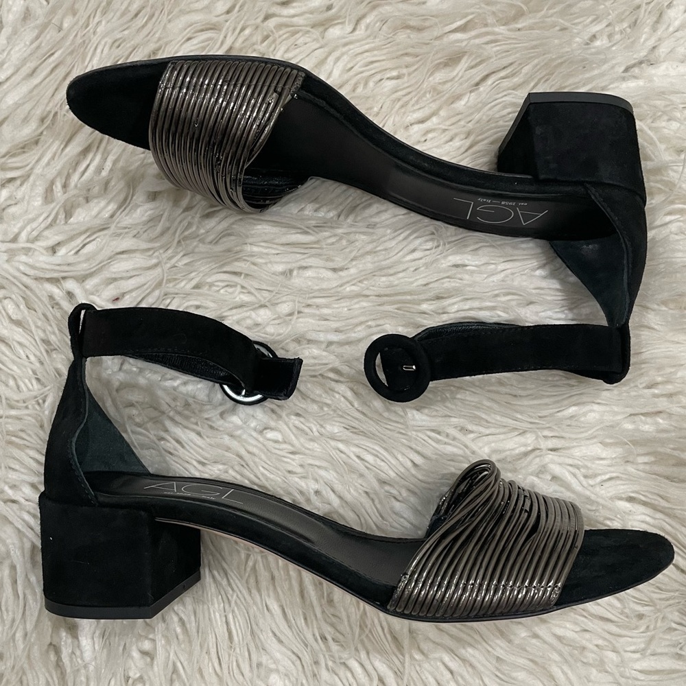 Agl Black Strappy Metallic Suede Leather Open Toe Heeled Sandals Size 40